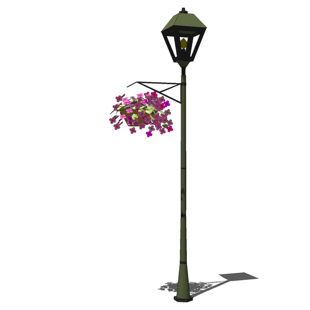 Ornate vintage-style street lamp with cascading purple flowers in hanging basket, cast iron details, and classic black lantern shade against white background