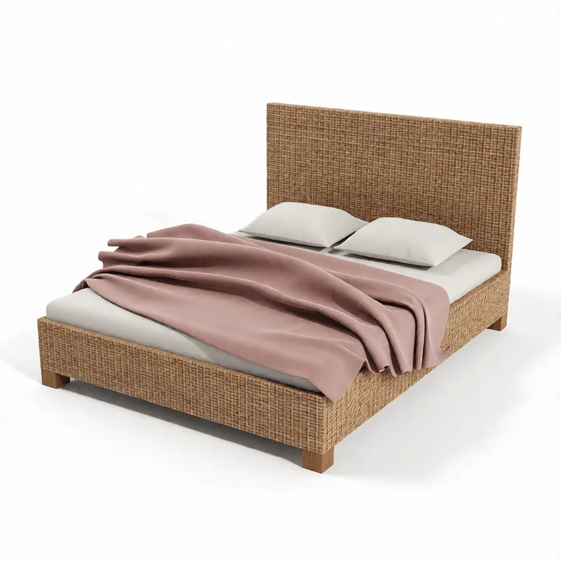 Modèle 3D de lit en rotin moderne avec texture tissée, couverture rose et oreillers neutres pour projets de design d'intérieur SketchUp.