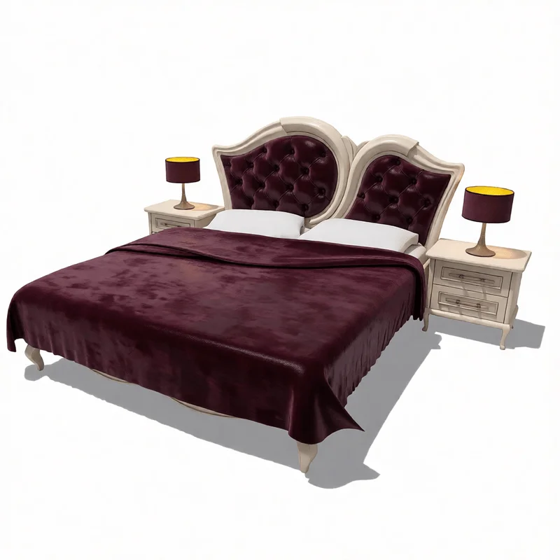 Luxury tufted headboard bed set with burgundy velvet cover and matching nightstands for interior design projects