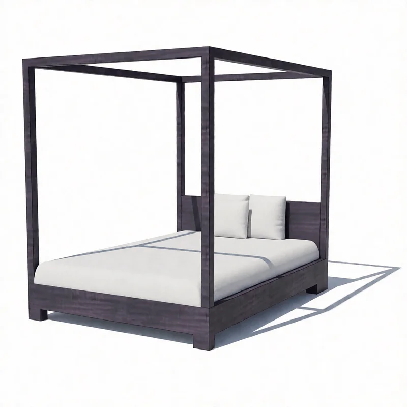 Modern dark wood four-poster bed sketchup model with white bedding optimized for architectural visualization in d5render and enscape
