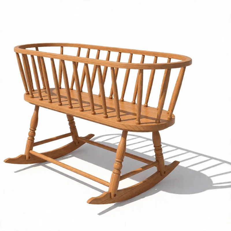 Classic wooden rocking crib 3D model with natural wood grain and curved slats for SketchUp architectural visualization in nursery design projects