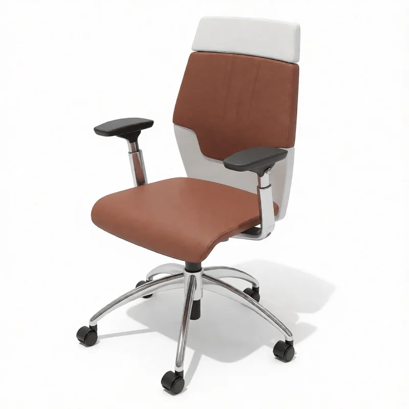 Brown and white ergonomic office chair model with leather upholstery and chrome base for SketchUp architectural visualization