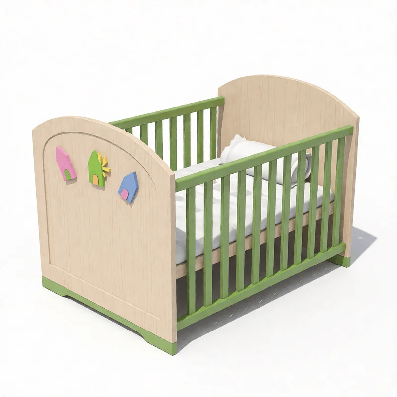 Современная 3D-модель детской кроватки с зелеными ограждениями и красочными аппликациями-домиками для проектов визуализации детских комнат в SketchUp