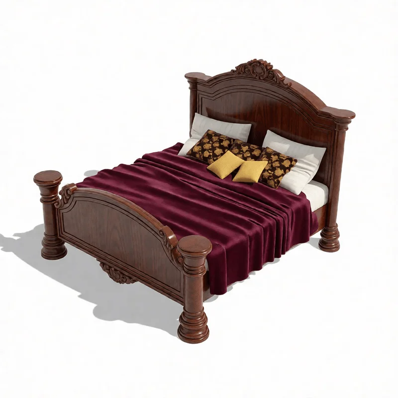 Ornate wooden bed with carved headboard, burgundy velvet drapery and gold-accented pillows for luxury bedroom SketchUp visualization