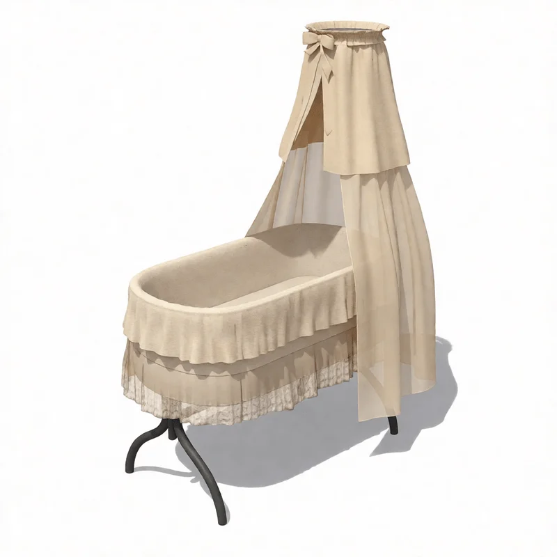 Vintage beige baby bassinet with lace trim and canopy, optimized for SketchUp architectural visualization and interior design projects