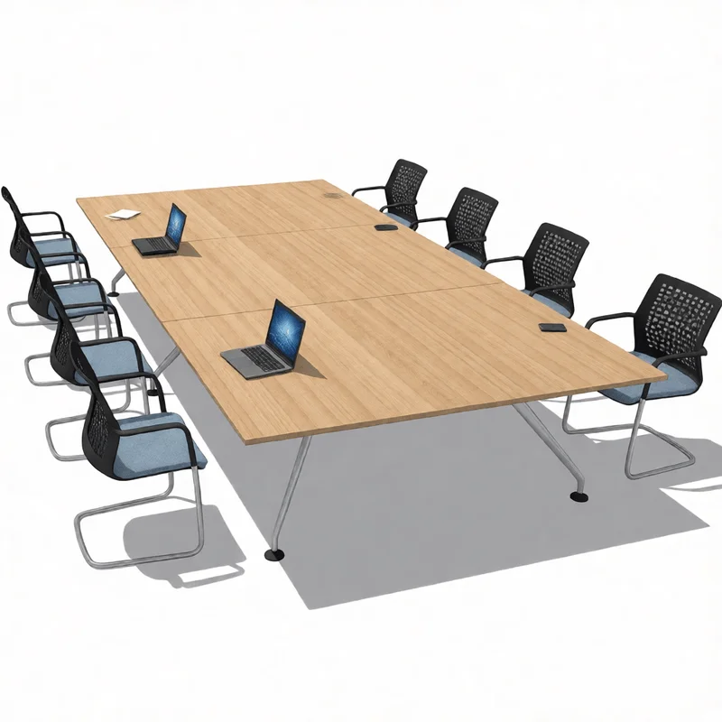 Modern modular conference table with blue cushioned chairs and laptops for SketchUp office interior design projects