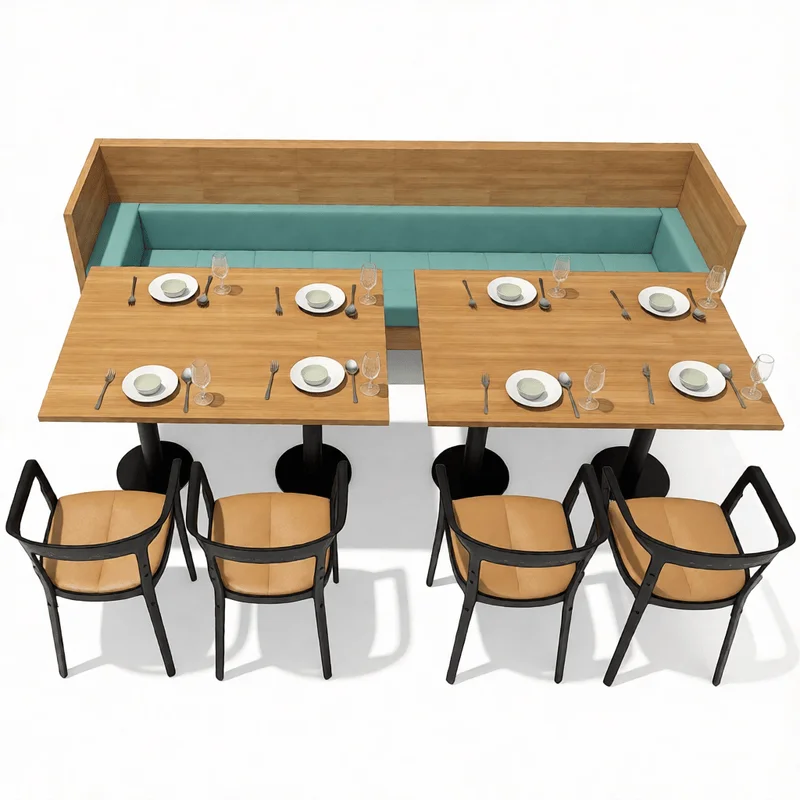 Modern modular dining booth with teal upholstery and wooden tables for restaurant interior design in SketchUp