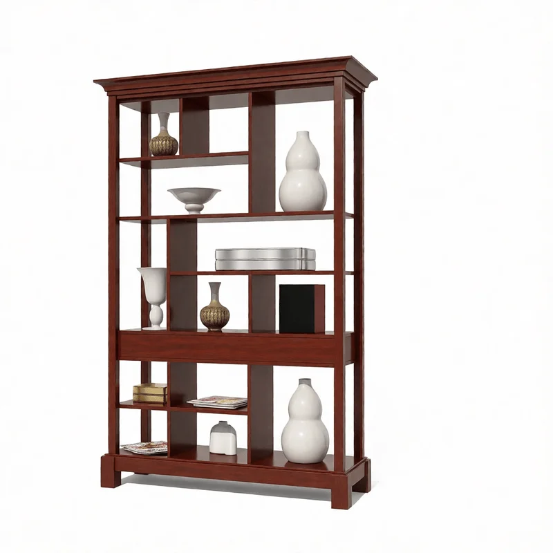 Traditional wooden display shelf with intricate compartments and decorative vases, optimized for SketchUp architectural visualization projects using D5render and Enscape