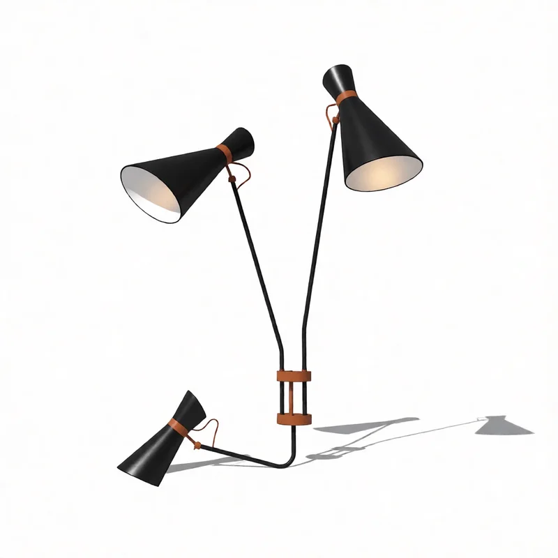 Sleek modern triple head floor lamp with black conical shades and brown leather accents for interior design visualization