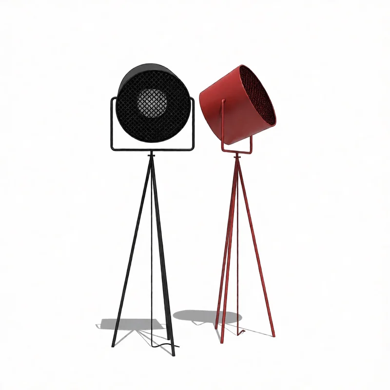 Чёрные и красные промышленные напольные лампы-треноги с геометрическими сетчатыми абажурами и металлическим каркасом для проектов интерьерного дизайна в SketchUp