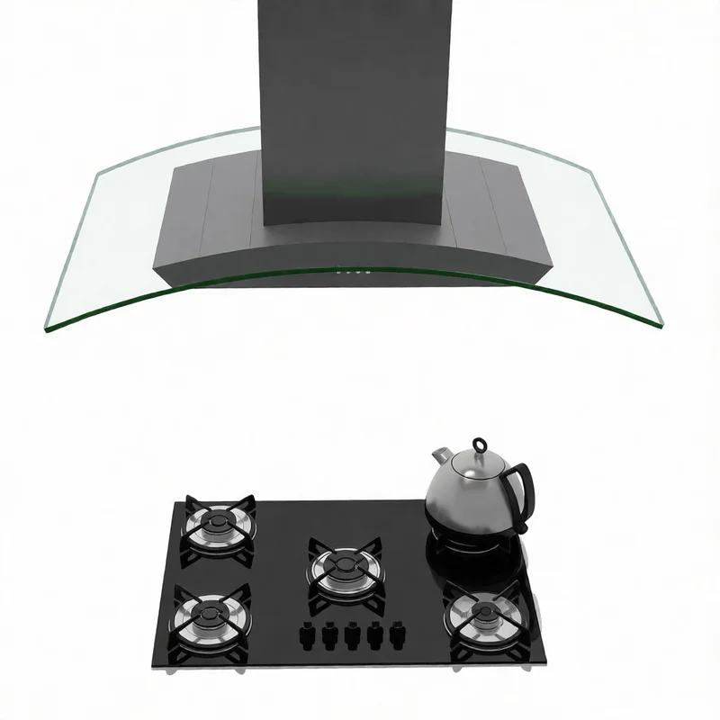 Sleek modern curved glass range hood with black gas cooktop and stainless steel kettle for SketchUp kitchen design projects