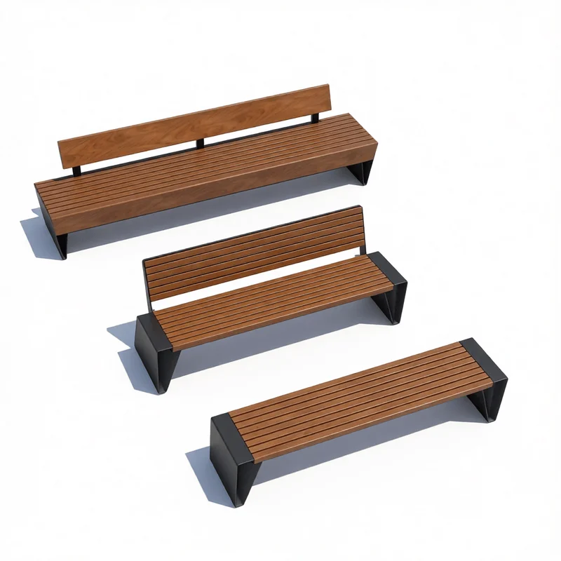 Modern public seating bench 3D model with wooden slats and geometric metal supports for urban landscape architecture projects in SketchUp