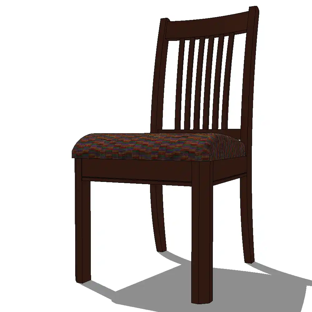 Realistic 3D render of an american style wooden chair with slatted backrest and patterned upholstery for sketchup architectural visualization projects