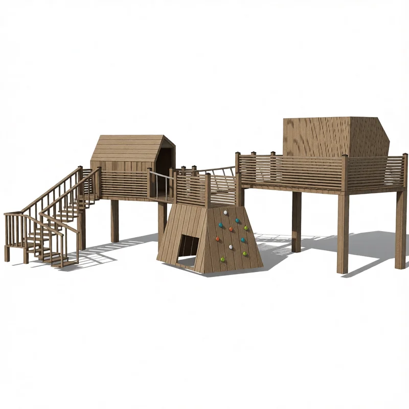 Modern wooden children treehouse 3D model with climbing wall and elevated platforms for playground design and architectural visualization