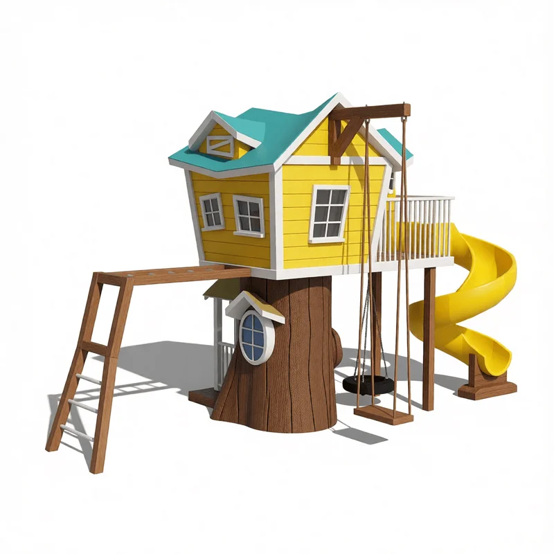 Lebendiges gelbes Kinder-Baumhaus 3D-Modell mit Rutsche und Schaukel für SketchUp-Architekturvisualisierungsprojekte