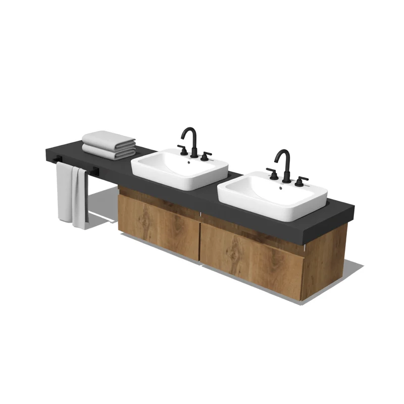 Modern double sink bathroom vanity with dark countertop and wood cabinets for SketchUp architectural visualization projects