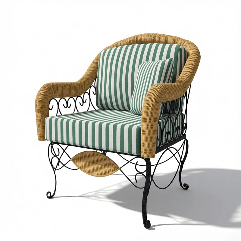 Vintage striped single armchair with wicker armrests and ornate black metal frame for SketchUp interior design visualization projects