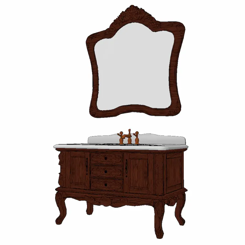 Ornate vintage wooden bathroom vanity with carved mirror and white marble countertop for SketchUp architectural visualization