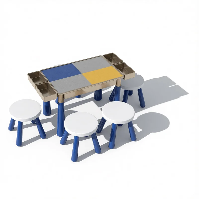Vibrant modular children's table with blue yellow gray color blocks and matching stools for SketchUp kindergarten and home interior design projects