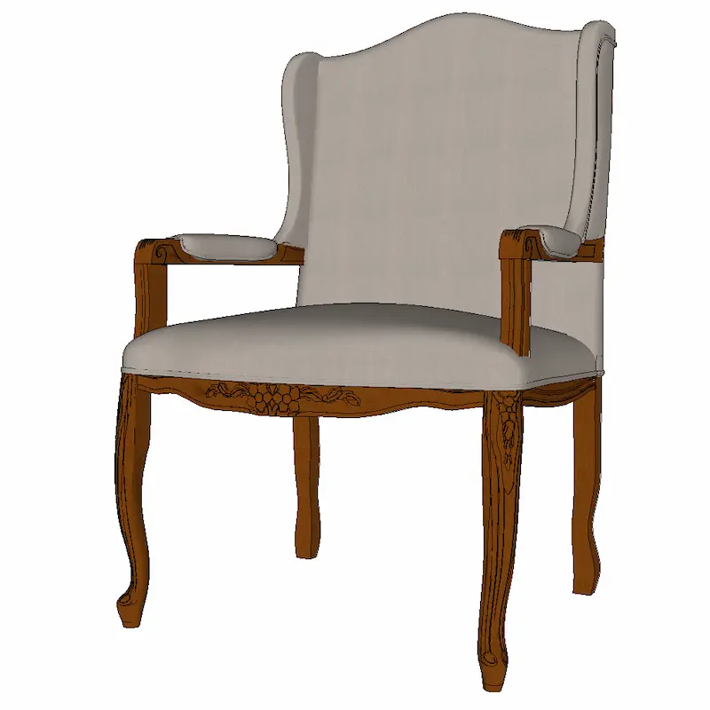 Elegant vintage wingback chair with carved wooden frame and neutral upholstery for interior design projects