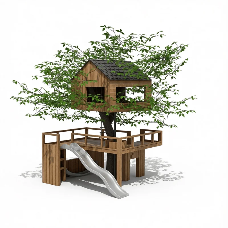 Realistic wooden children's treehouse 3D model with slide and deck for architectural visualization projects in SketchUp