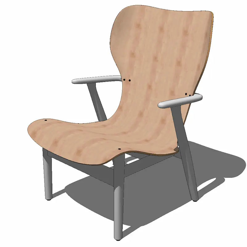 Ergonomic nordic plywood armchair with curved backrest and metal legs for SketchUp interior design visualization