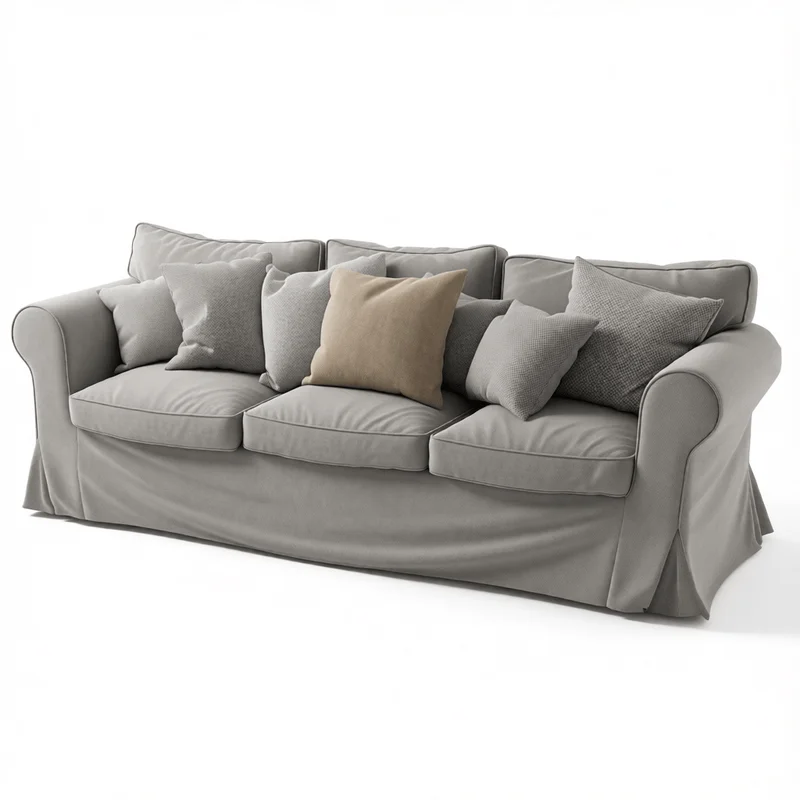 Rendu haute résolution d'un canapé contemporain à trois places avec coussins superposés et drapé de tissu sur mesure, idéal pour la visualisation d'intérieurs modernes.