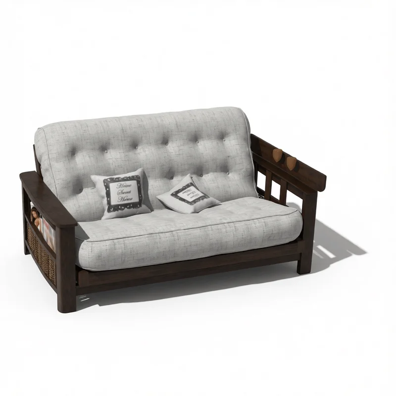 Vintage two-seater sofa with wooden frame and wicker storage rendered in D5render for interior design projects