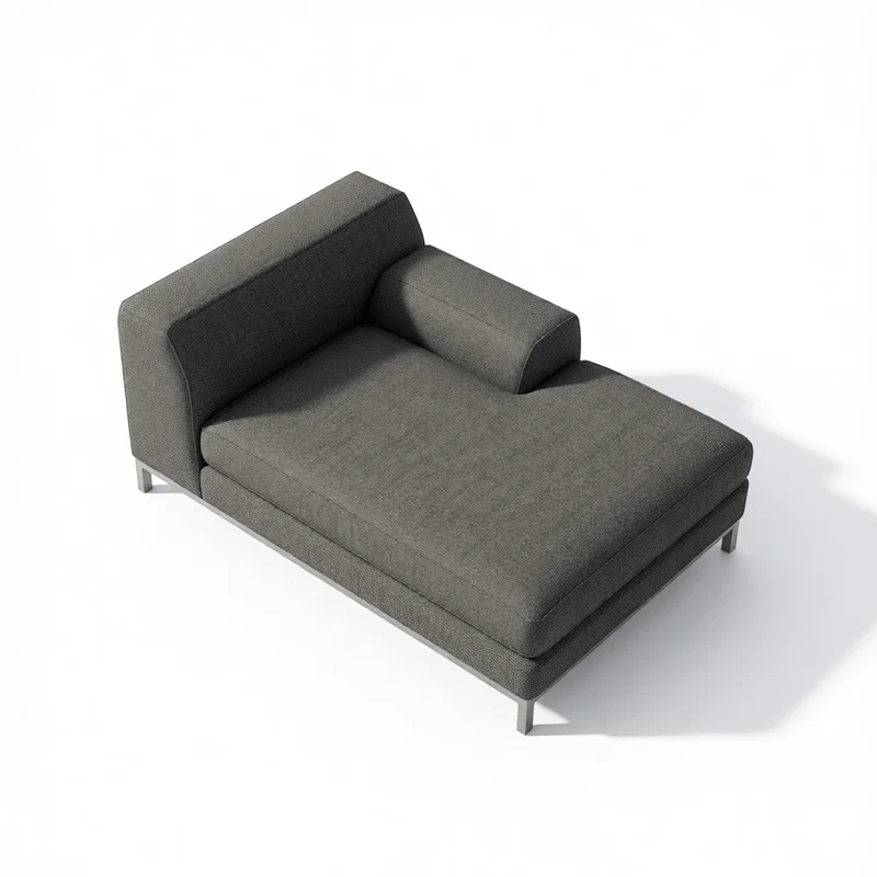 Minimalist gray chaise lounge 3D model with angular backrest and metallic legs for SketchUp interior design visualization projects