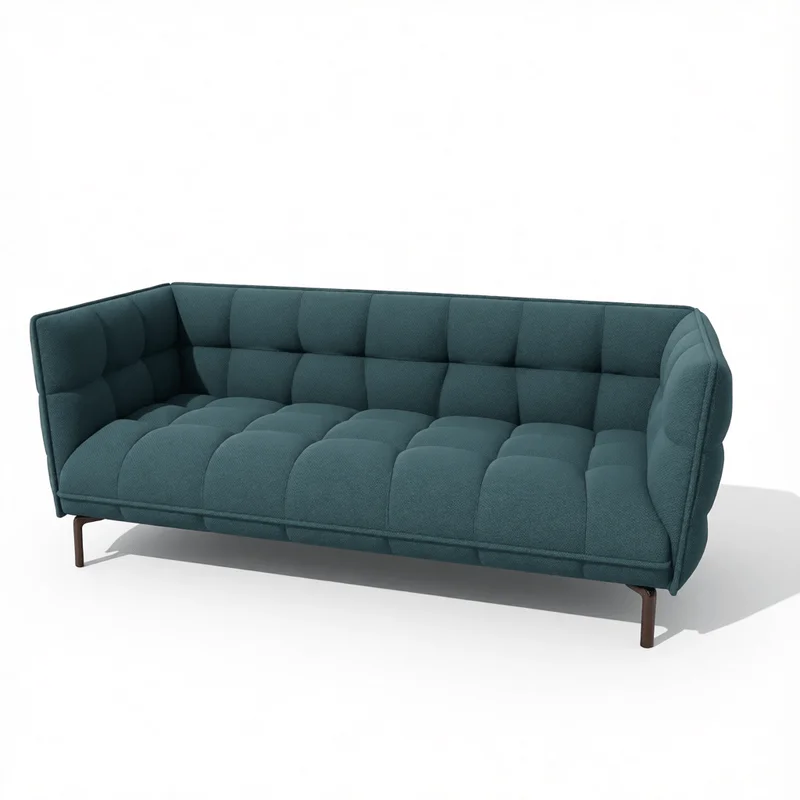 Modèle 3D de canapé multiplace touffeté bleu sarcelle avec motifs de rembourrage géométriques et pieds en bois pour la visualisation de design d'intérieur moderne dans SketchUp