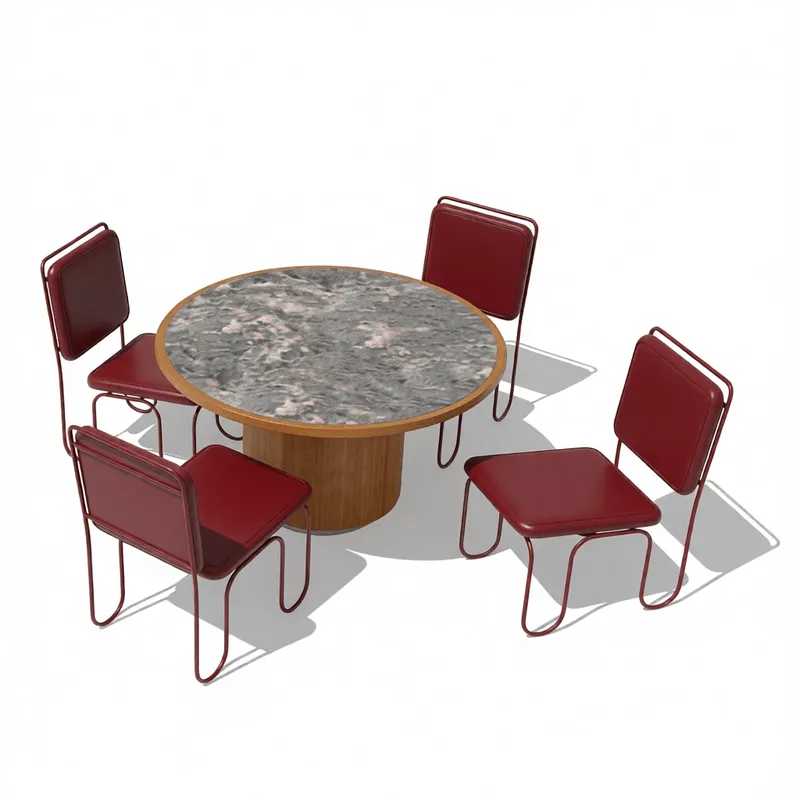 Modern round dining table set with marble top and red leather chairs for SketchUp architectural visualization projects