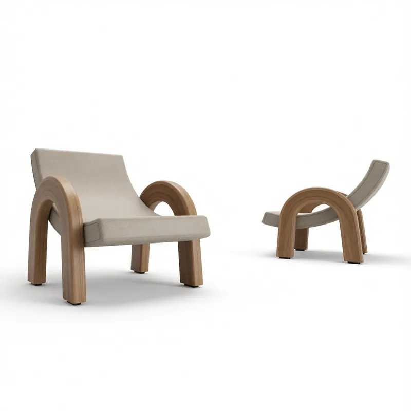 スケッチアップ建築ビジュアライゼーション向け、曲線状のオークフレームとニュートラルな生地張りを備えたミニマリストウッデンラウンジチェア3Dモデル