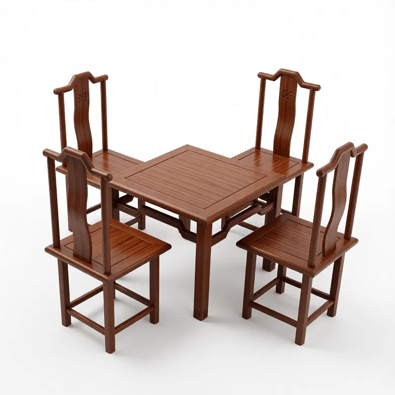 Authentic traditional Chinese wooden dining table with four chairs featuring Ming-style joinery and polished wood finish for SketchUp architectural visualization