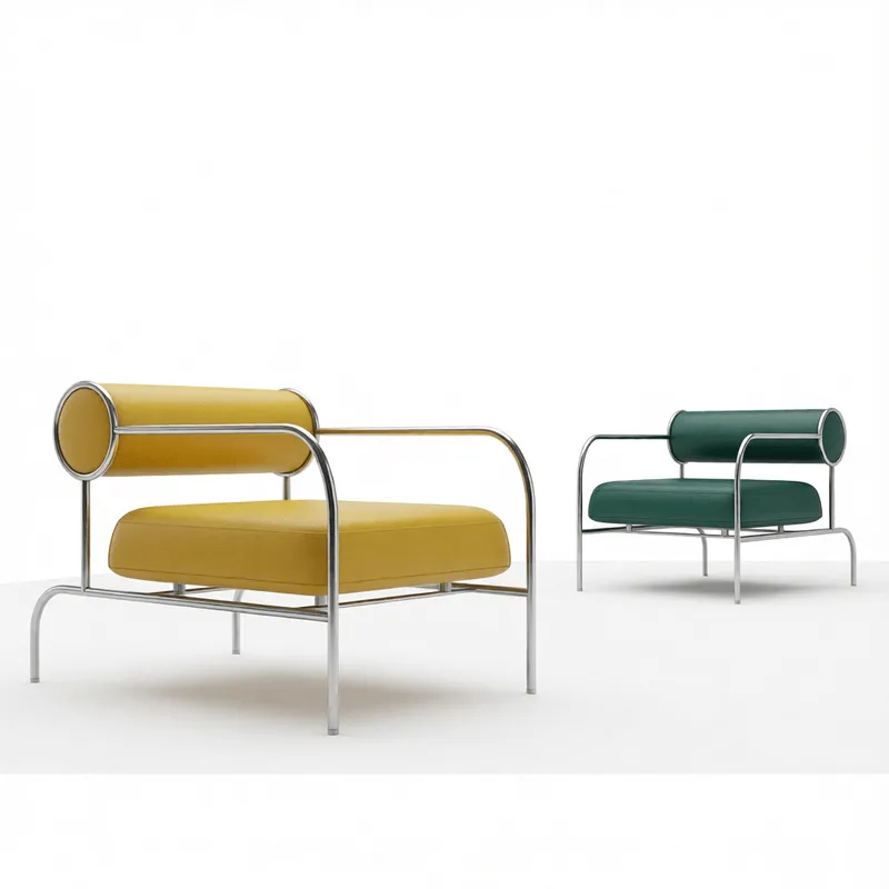 メタルフレームと鮮やかな黄色・グリーンの生地張りを備えた洗練されたモダンラウンジチェア、SketchUp建築ビジュアライゼーション用に最適化