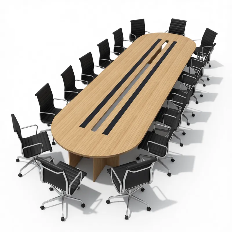 Modern oval conference table with wood finish and black office chairs in SketchUp rendering for architectural visualization