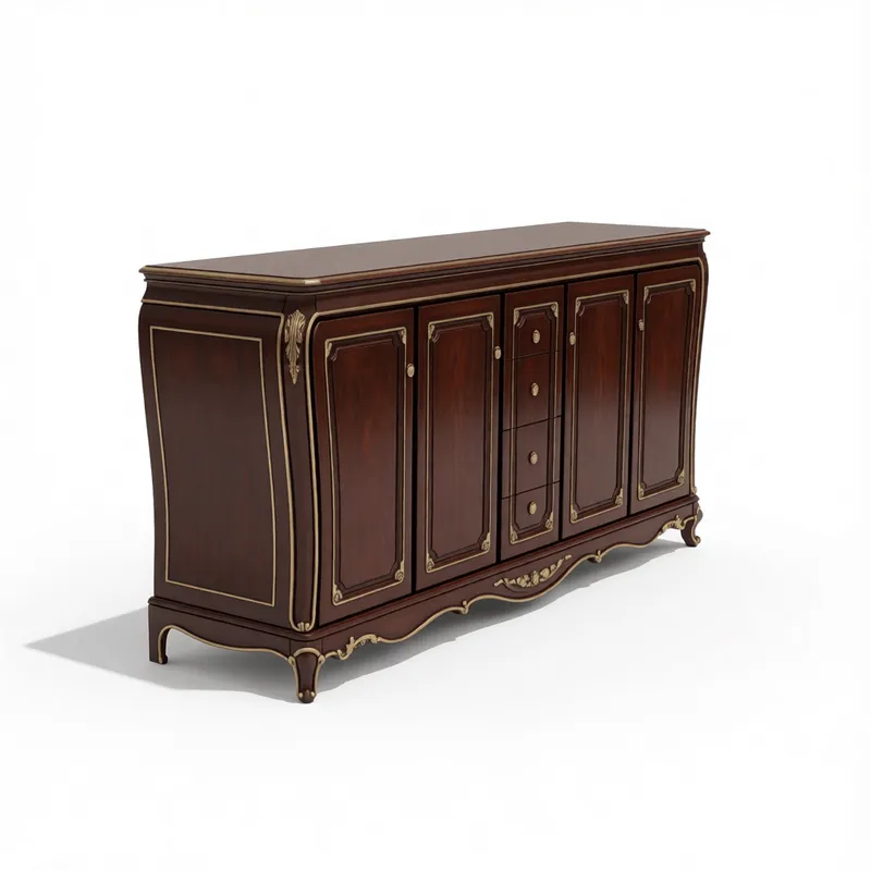 Buffet américain vintage orné avec garniture dorée et finition acajou pour projets SketchUp de design d'intérieur classique