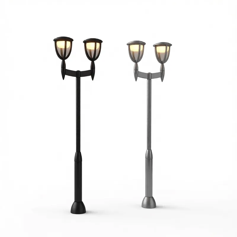 デュアルアーム構造と温かみのある光を備えたデュアルヘッドモダン景観照明。SketchUp建築ビジュアライゼーションプロジェクト向けに最適化されています。