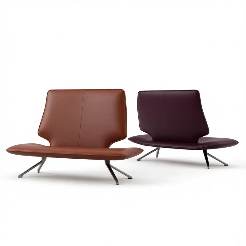 Элегантная современная 3D-модель кожаного кресла для гостиной в коричневом и сливовом цветах с минималистичными металлическими ножками для визуализации интерьеров