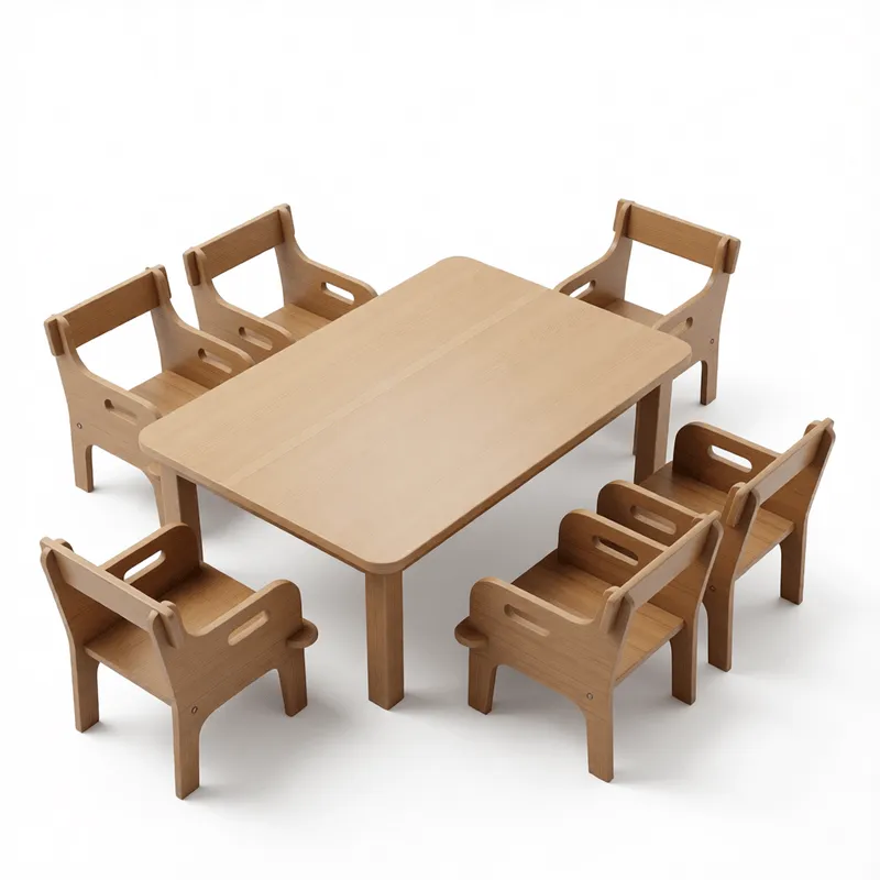 Modèle 3D moderne de table et chaises pour enfants en bois avec bords arrondis et texture naturelle pour projets d'aménagement intérieur de maternelle dans SketchUp
