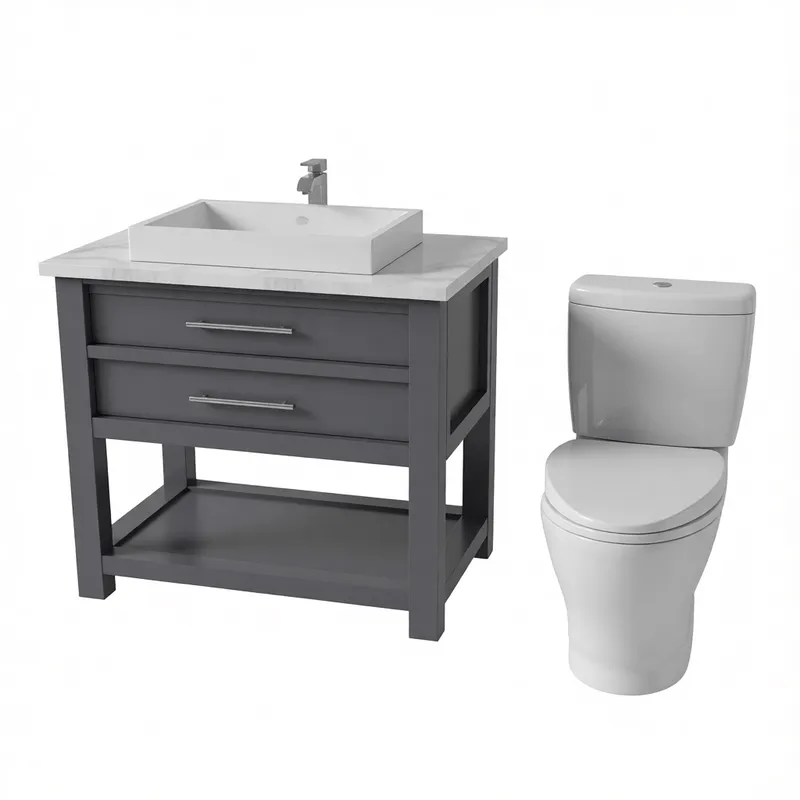 D5renderおよびVray対応スケッチアップ向け建築ビジュアライゼーション用、二段引き出し付きモダンな独立型バスルーム洗面化粧台とトイレセット