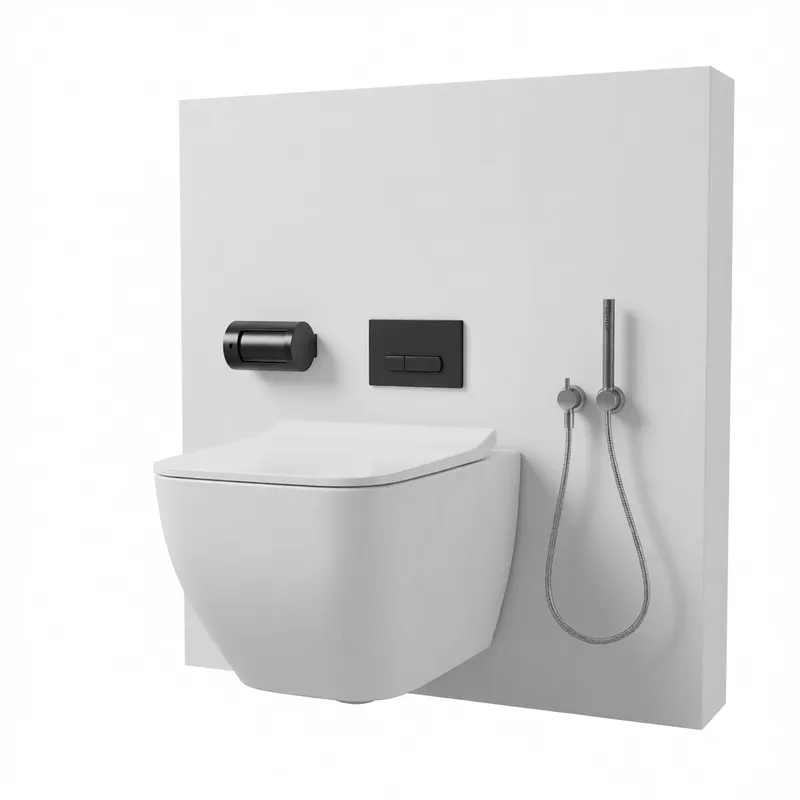 Стильный современный подвесной унитаз с черной панелью смыва и металлической душевой лейкой, оптимизированный для проектов дизайна ванных комнат в SketchUp