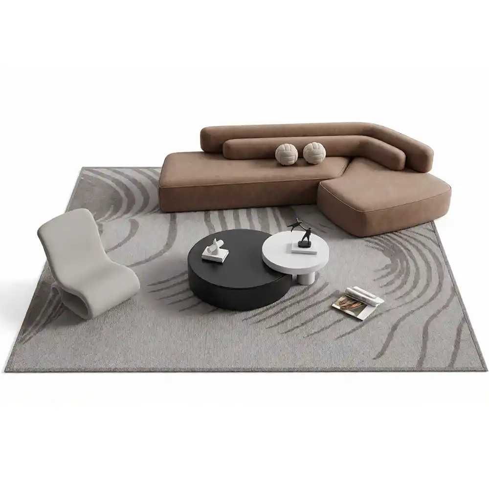 抽象的な模様のラグの上に配置された円形コーヒーテーブルを伴う現代的なブラウンのセクショナルソファ（SketchUpインテリアデザインビジュアライゼーションプロジェクト向け）