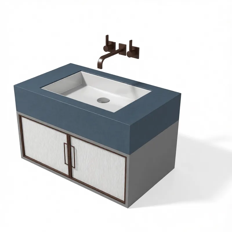 テクスチャー加工されたキャビネットドアとマットブロンズファウセットを備えたモダンフローティングバスルーム洗面化粧台（建築ビジュアライゼーションプロジェクト用）