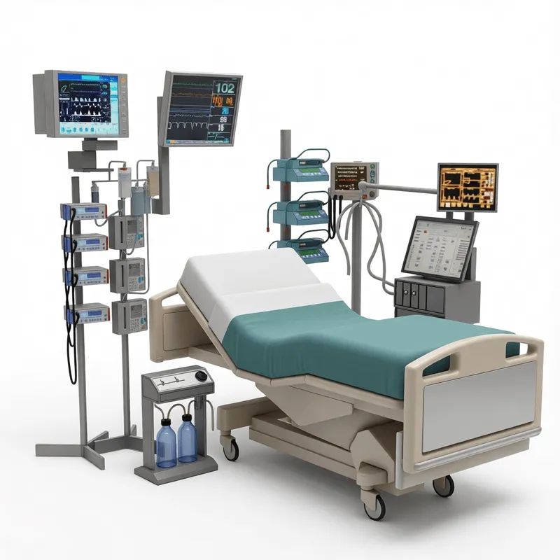 建築可視化および医療施設設計プロジェクト向けの、ECGモニター、人工呼吸器、医療機器を備えたリアルな病院ICUベッド