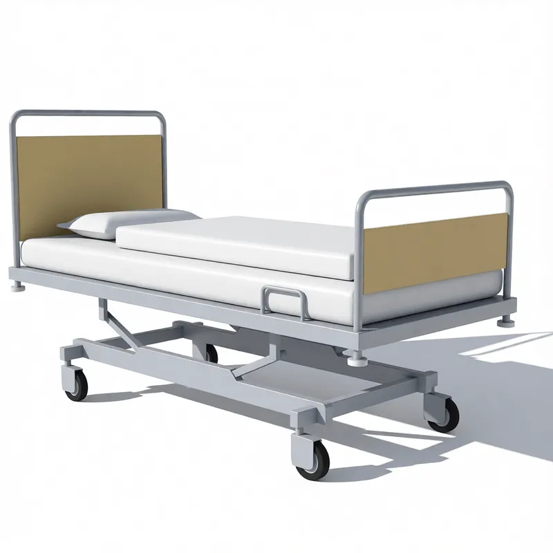 Realistic adjustable hospital bed 3D model with metallic frame and neutral upholstery for healthcare facility architectural visualization projects