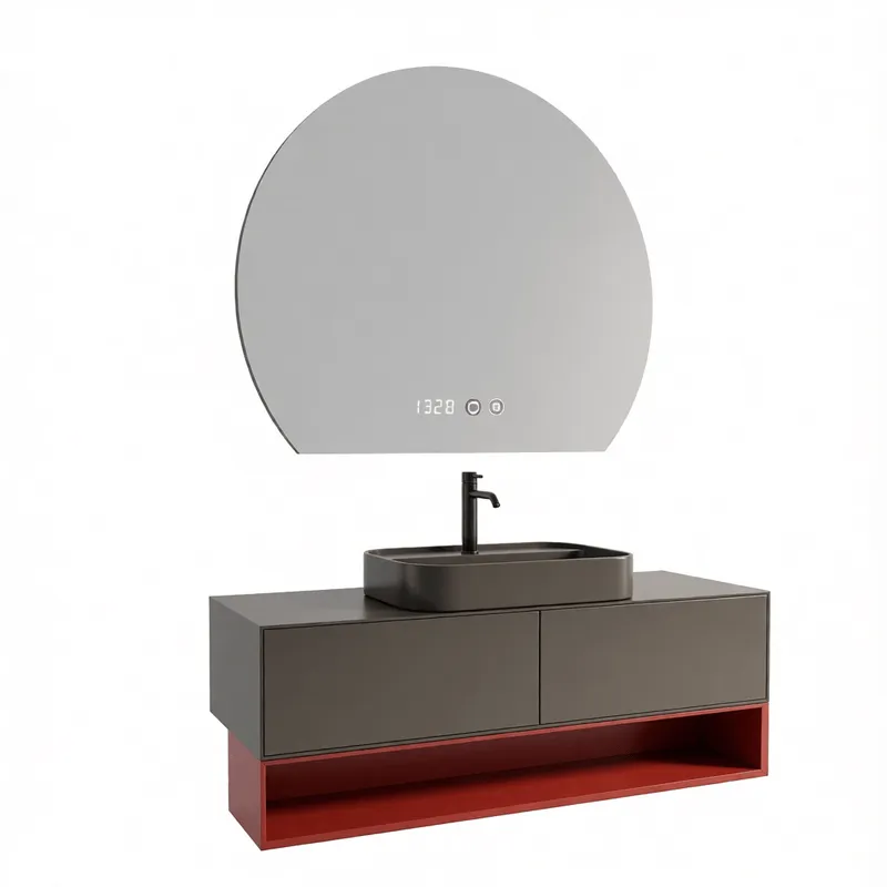 スケッチアップ建築ビジュアライゼーションプロジェクト向け、マットブラックキャビネット、赤色下部棚、デジタルミラーディスプレイを備えたモダンフローティングバスルーム洗面化粧台