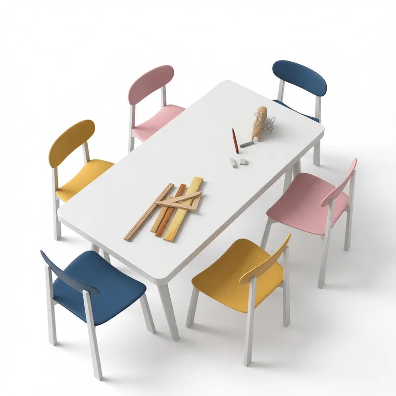 SketchUp建築ビジュアライゼーション向け、多色椅子・木製玩具・画材を配したモダンな子供用テーブルの鮮やかな3Dレンダリング