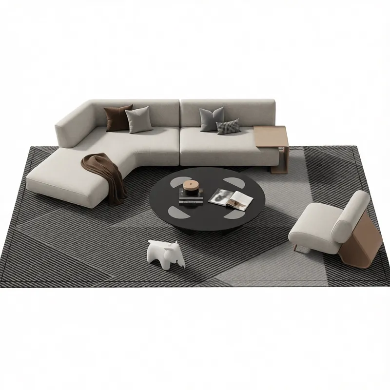 スケッチアップ建築ビジュアライゼーションプロジェクト向け、ミニマリストリビングルーム設定におけるモダンセクショナルソファと円形コーヒーテーブル