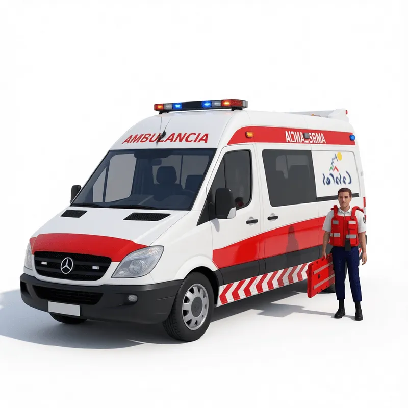 SketchUp建築可視化プロジェクト向け、赤白塗装・緊急灯・救急隊員フィギュアを備えたリアルな3D救急車モデル