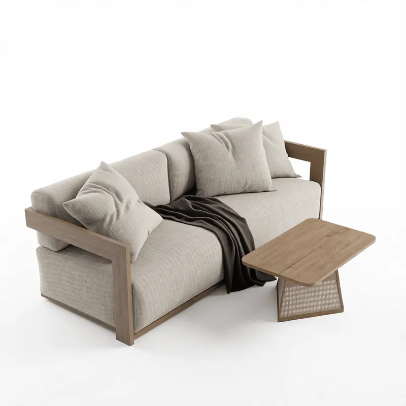 ナチュラルウッドフレームとリネンクッションを備えたミニマリスト木製ソファ、SketchUp建築ビジュアライゼーションプロジェクト向けに最適化